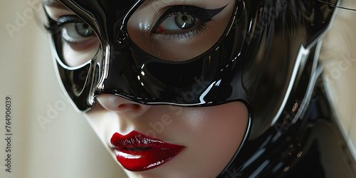 futuristic woman dressed in dark latex with black eye mask
