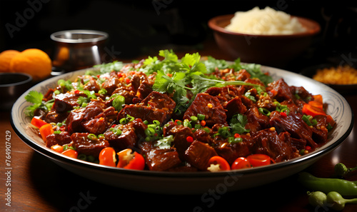 A view of delicious meat and American mutton curry spicy on a plate