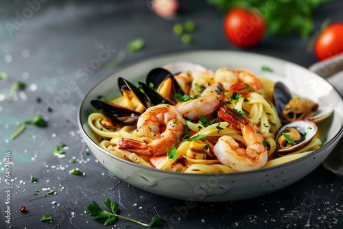 A food photography image of a homemade seafood pasta dish, in a sophisticated and elegant style