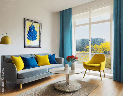 Wnętrze nowoczesnego salonu w niebieskich i żółtych barwach