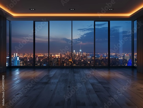 Empty modern room offering a peaceful view of the citys glowing skyline