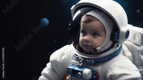 Baby boy astronaut in spacesuit floating in outer space. Earth planet on background. Designed for fantastic, futuristic, science or space travel backgrounds. Earth day cosmonautics day concept