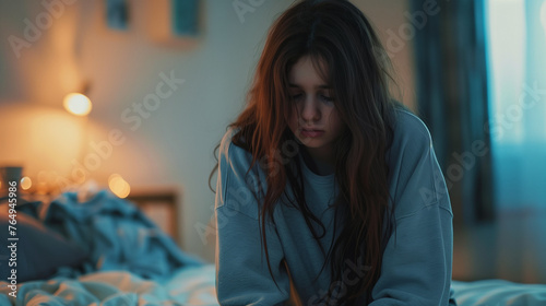 Sadly depressed teenager girl sitting head down alone in her bedroom.
