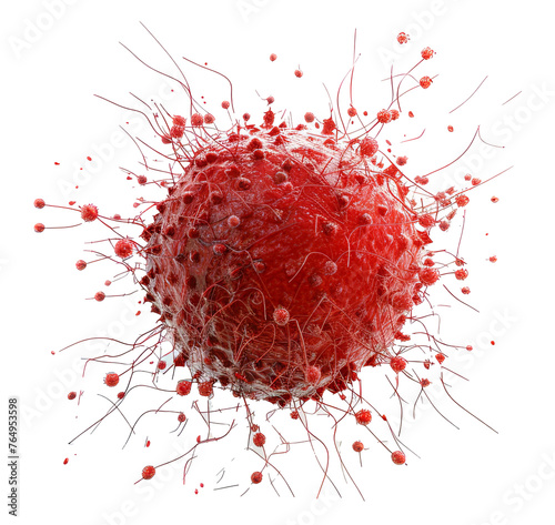 Red Virus with Spike Proteins Isolated on Transparent Background, Detailed Medical Illustration