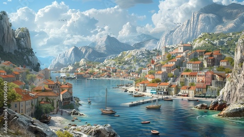 Seaside Serenity Vibrant Coastal Townscape with Charming Architecture and Fishing Boats