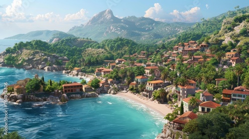 Serenity by the Sea Idyllic Coastal Townscape with Rolling Hills and Glistening Waters