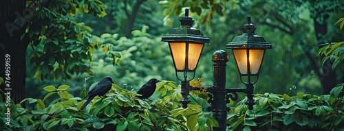 two black forged metal street lamps in a city park, accentuated by lush greenery and the presence of a bird nearby, evoking a sense of tranquility.