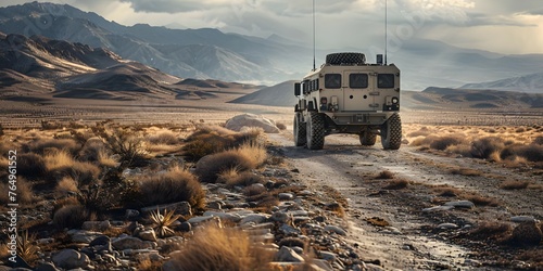 Autonomous supply convoy delivers crucial equipment through rugged landscape to isolated base. Concept Military Logistics, Autonomous Vehicles, Supply Chain Management, Remote Outpost