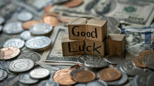 wooden blocks on top of a pile of money with words engraved saying Good Luck