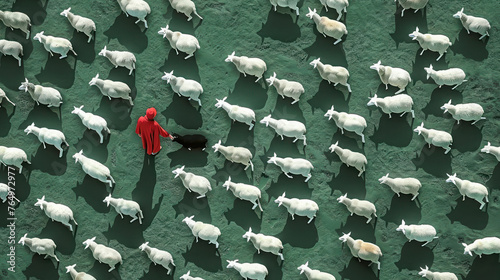 Vector illustration design of The black sheep that stands out in the flock in Aerial view, Generative AI