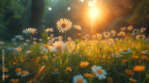 Sun-kissed meadow at dawn, dew on flowers, light filtering through trees, peaceful vibe, essence of early morning 