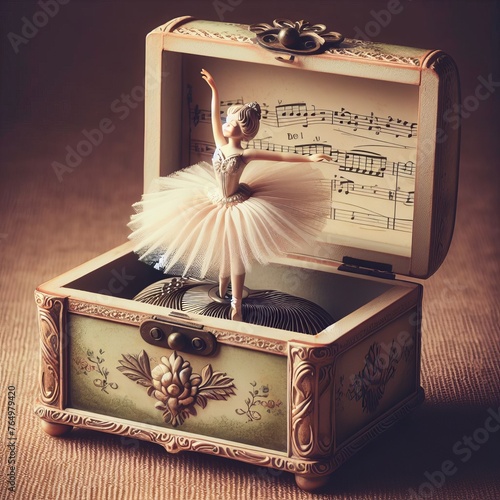 vintage music box with ballerina figurine with elegant details and musical notes in the background