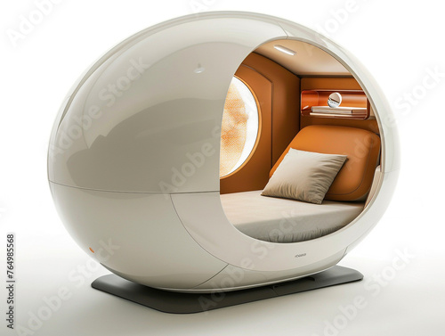 Futuristic sleeping pod complete with facilities isolated on a white background
