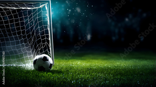 Soccer Ball in Goal Net Professional Sports Game Winning Moment Outdoors Soccer ball kicked into the goal net on the football field background