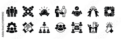 Business teamwork icon vector set. Containing team working together, partnership, work group, agreement, handshake, help, alliance, structure hierarchy, collaboration, co-worker, cooperation.