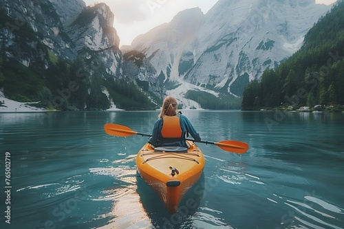 Woman Paddling Kayak on Mountain Lake