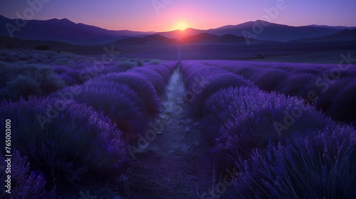A purple field with a path through it and a sun setting in the background