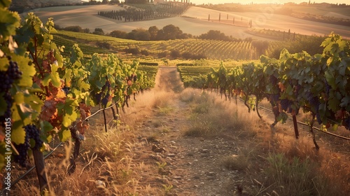 A vineyard with a path between the rows of vines