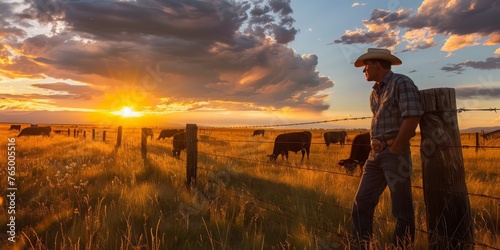 A man in a cowboy hat stands in a field of cattle