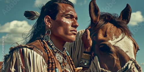 A man wearing a headdress and holding a horse