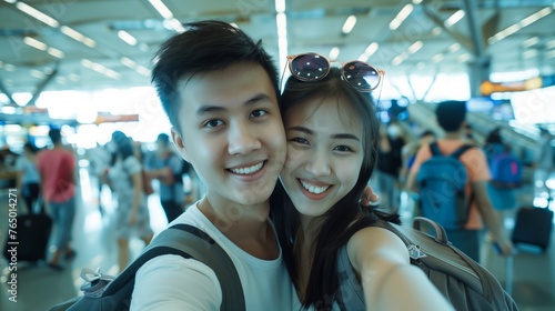 the joy of a cute couple of young people, smiling and having fun in the airport,