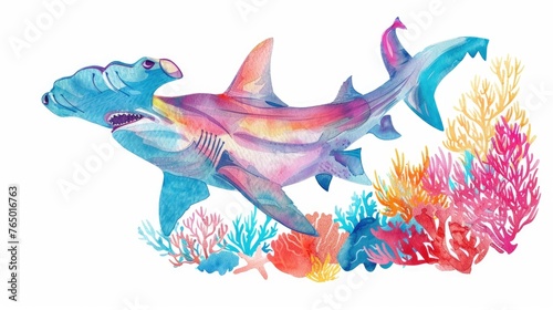 Playful watercolor hammerhead shark, clipart, doing a happy swim dance among coral reefs, vibrant colors, isolate on white. Captures the joy of sea life.