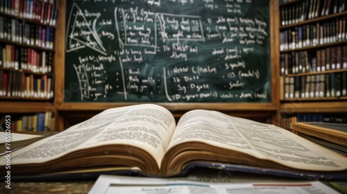 Spooky open textbooks surrounded by mathematical formulas in atmospheric background