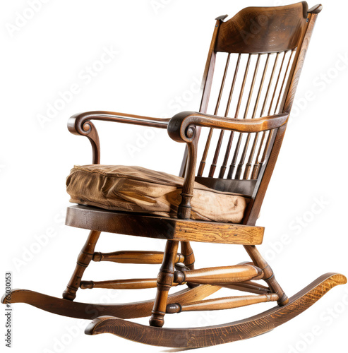 Antique carved wooden rocking chair with cane seat, cut out transparent
