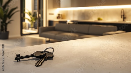 Keys on the table in new apartment, house or hotel room, real estate banner 