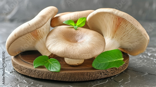Fresh oyster mushrooms with green basil leaves on a rustic wooden surface