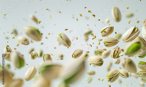 pistachios floating in the air on the white background.