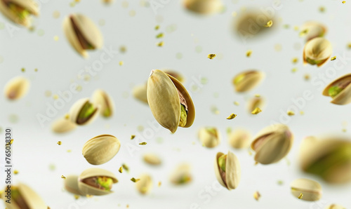 pistachios floating in the air on the white background.