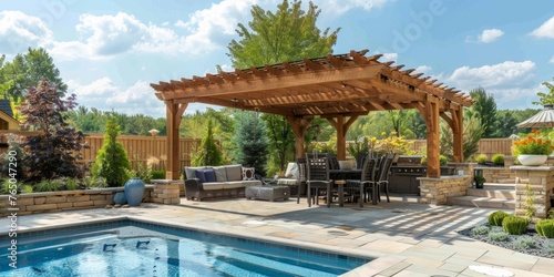Pergola over pool area with seating and comfortable chairs, creating an outdoor living space The wooden arbor has solid wood construction in the style of traditional designs Generative AI