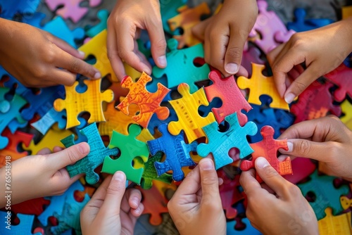 Business team playing with puzzle. Group of young people connecting green, yellow, pink, red, blue pieces of jigsaw puzzle. People holding different jigsaw parts in hands. Teamwork, Generative AI