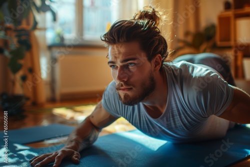 Portrait of a young attractive sporty man doing push-up or plank sport exercises lying on yoga mat on the floor in the living room at home. Fitness, workout and home training, Generative AI