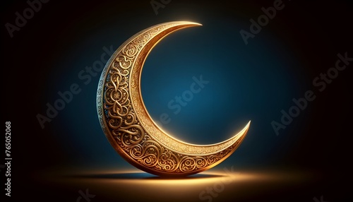 Ornate golden crescent moon on a deep blue background suitable for an eid al fitr.