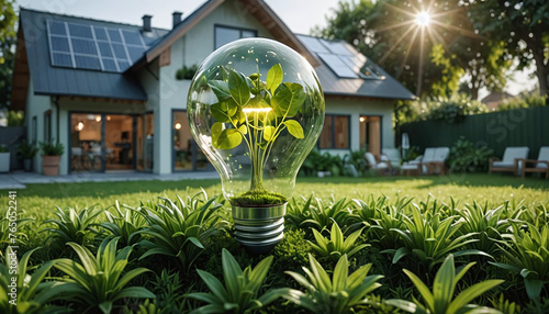 Ampoule sur fond de nature, énergie verte et économie d'énergie dans la maison - IA générative