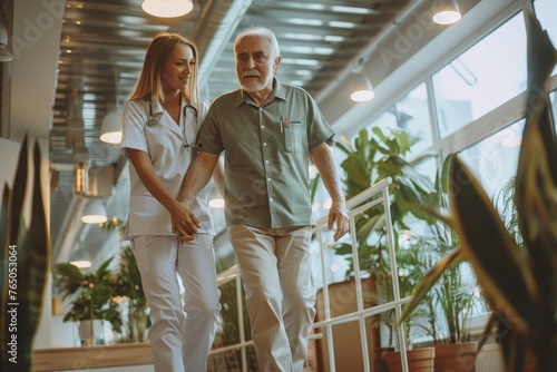 Young nurse helping elderly man walk in the room, holding his hand, supporting him. Treatment and rehabilitation after injury or stroke, life in assisted living facility, senior care, Generative AI