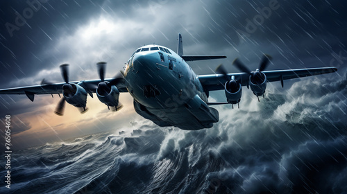 A cargo transport plane flying through a turbulent storm over the open ocean.