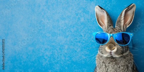Close up portrait of a gray bunny wearing blue sunglasses against a blue background. Concept of happy easter and spring.