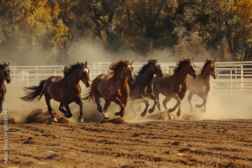 Rodeo horses in action in dusty arena. Concept Horseback Riding, Rodeo Events, Western Lifestyle, Action Shots, Dusty Arena