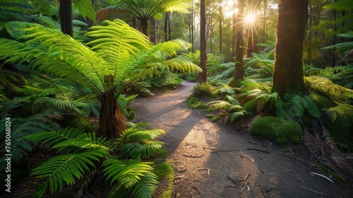 sun-dappled path winding through a fern forest. 