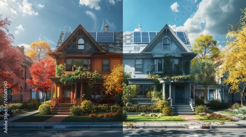 A dynamic before-and-after representation of energy retrofitting in an old residential area, highlighting the impact of insulation, solar panels, and green technology on energy efficiency