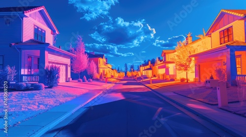 A thermal image of houses, showing heat loss through poor insulation, with tips for improving energy efficiency