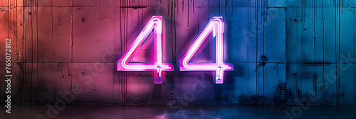 Neon light number 44 on concrete wall, colorful glow.