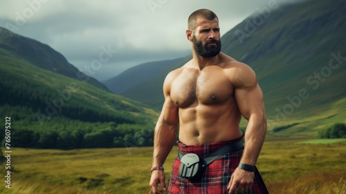 a bearded man in a red kilt with a bare torso against the background of a valley with mountains.