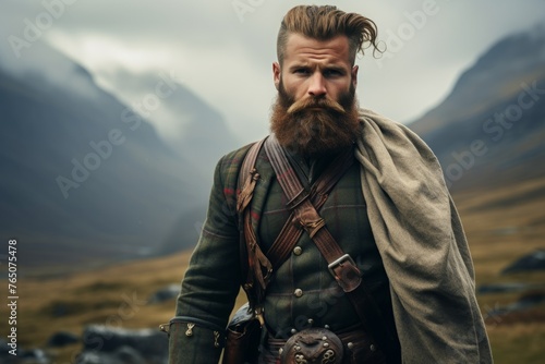man in a kilt against the background of mountains, cinematic shot.