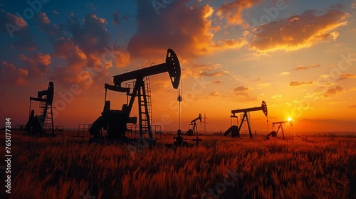 Silhouetted oil pumps operating in a field against the vivid backdrop of a dramatic sunset, highlighting energy resources and industry.