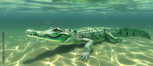  3D image of a crocodile swimming in water with its head above water's surface to its right