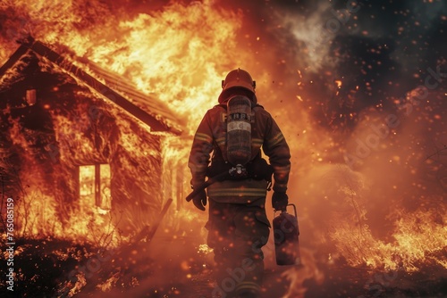 Brave soul, firefighter with extinguisher and water, house consumed by flames